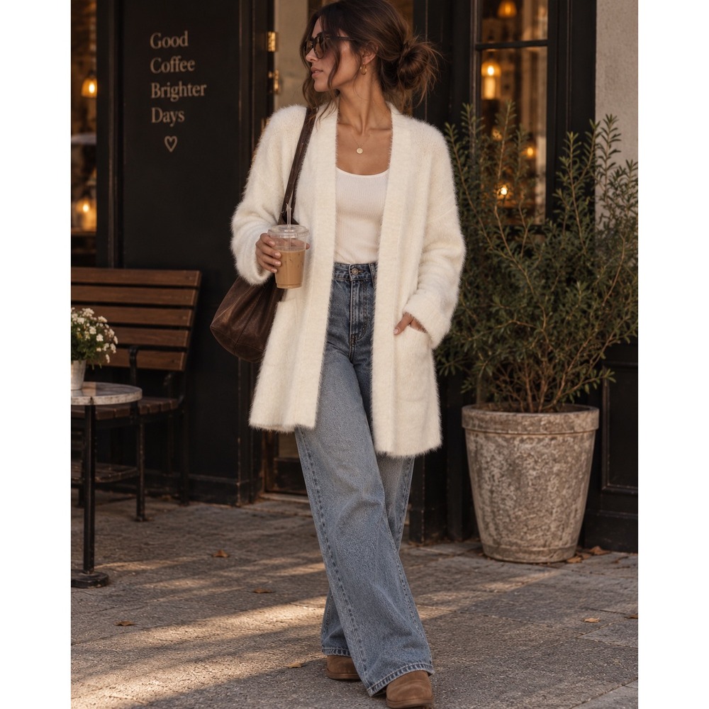 Banana Republic Ivory Fuzzy Eyelash Cardigan Long Open Front S